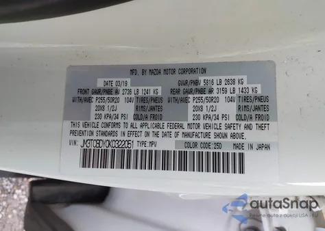 2019 Mazda Cx-9 Grand Touring from USA, damaged, VIN JM3TCBDY0K0322051